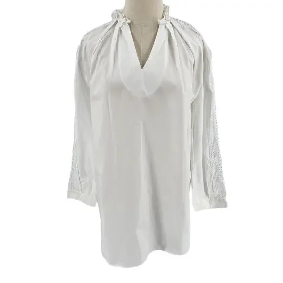 Sandro Womens Ruffled Cotton Poplin Shirt Blouse Top White - Picture 13 of 13